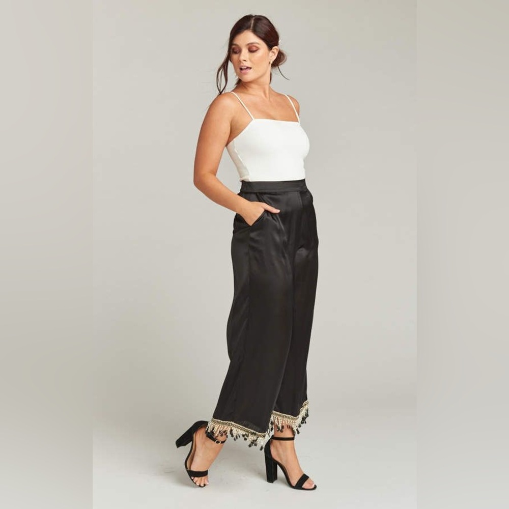 EUC SMYM Black Parisa Goddess Fringe Beaded Wide Leg Pant